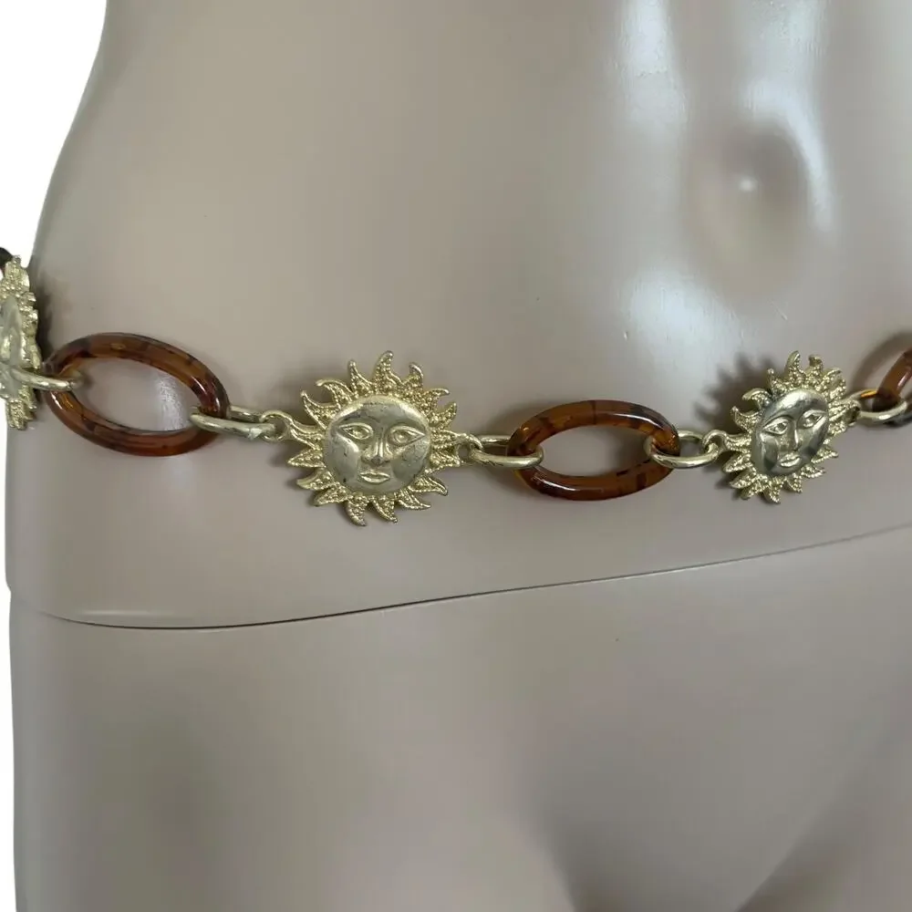 Vintage Sun Face Chain Belt Tortoise Lucite Gold Tone Celestial Boho Y2K Rave